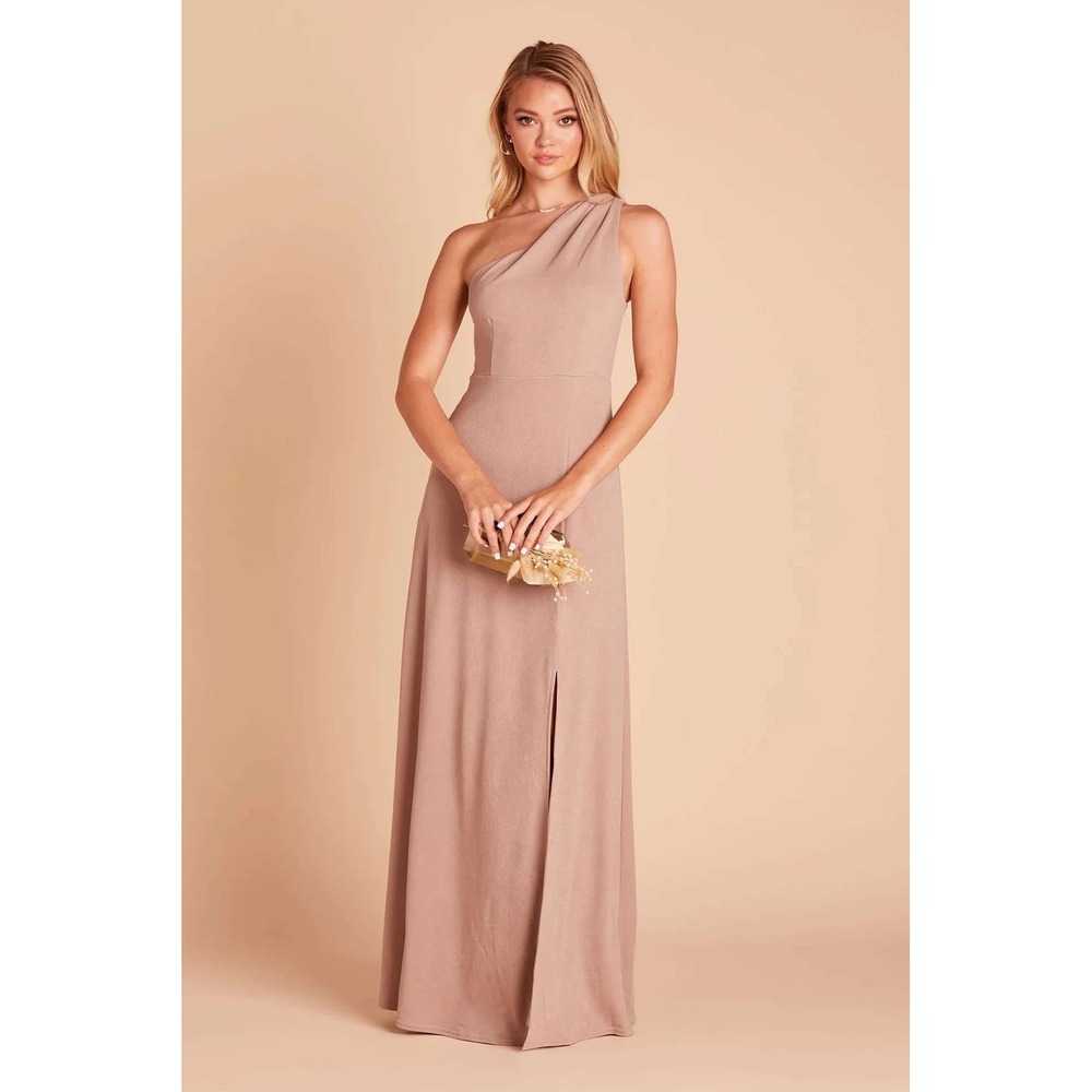 NWT Birdy Grey Kira Crepe Taupe One Shoulder Maxi Dress Bridesmaid  Gown Small